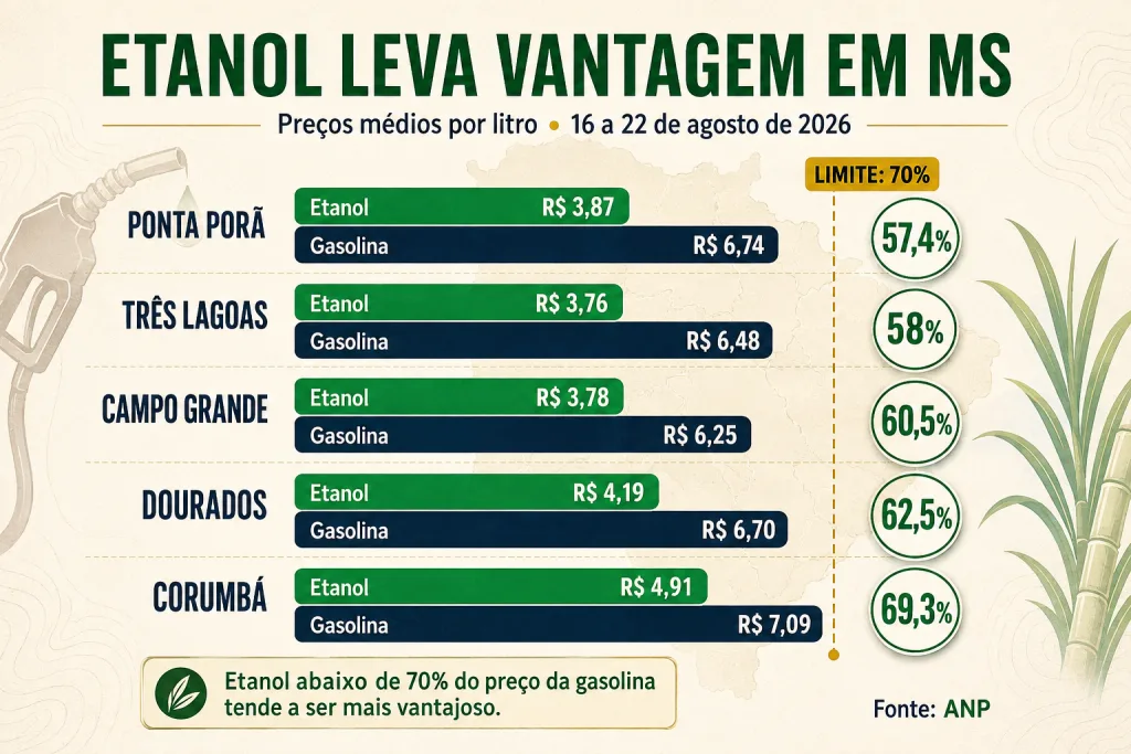 Etanol é mais vantajoso que gasolina em Três Lagoas e outras cidades de MS