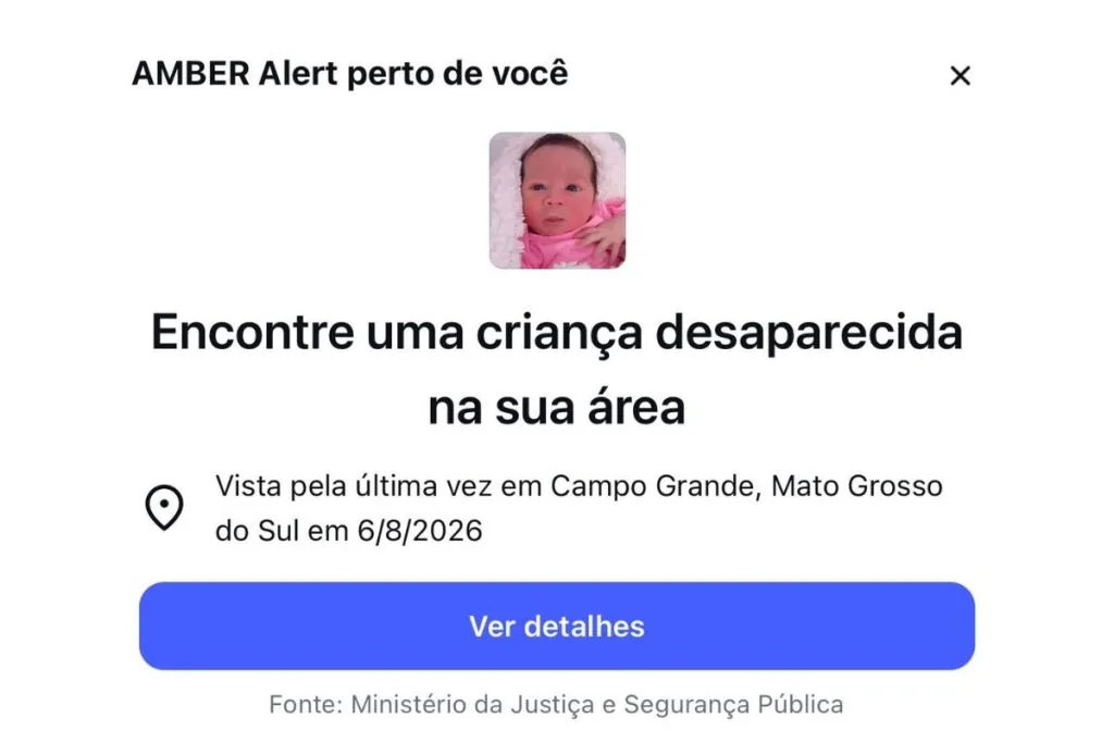 Amber alert em rede social, em território de Mato Grosso do Sul. (Foto: Redes Sociais)
