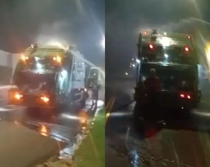 Incêndio em caminhão de lixo é contido no quartel do Corpo de Bombeiros em Campo Grande