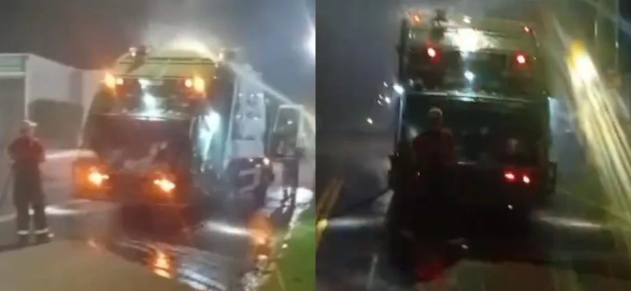Incêndio em caminhão de lixo é contido no quartel do Corpo de Bombeiros em Campo Grande