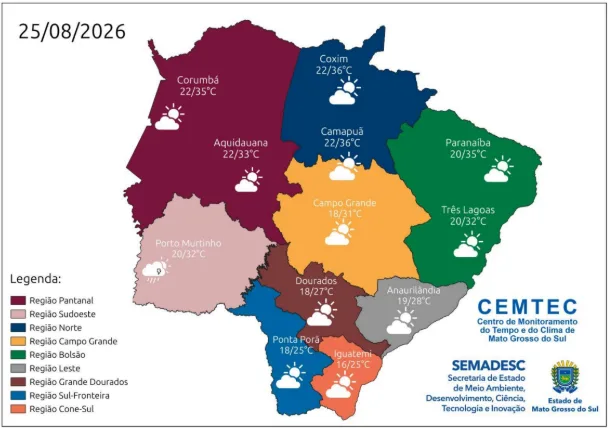 Instabilidades podem trazer chuvas a Mato Grosso do Sul nesta terça-feira