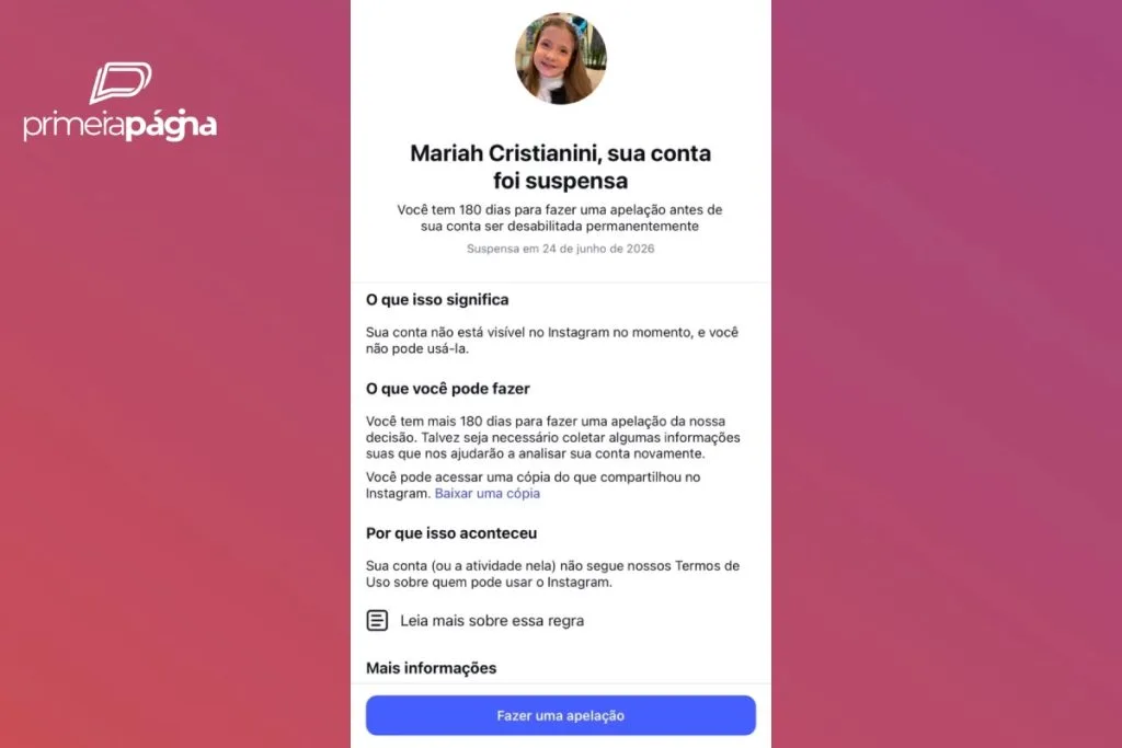Foto mostra notificação que Meta enviou para influencer mirim / influenciadora