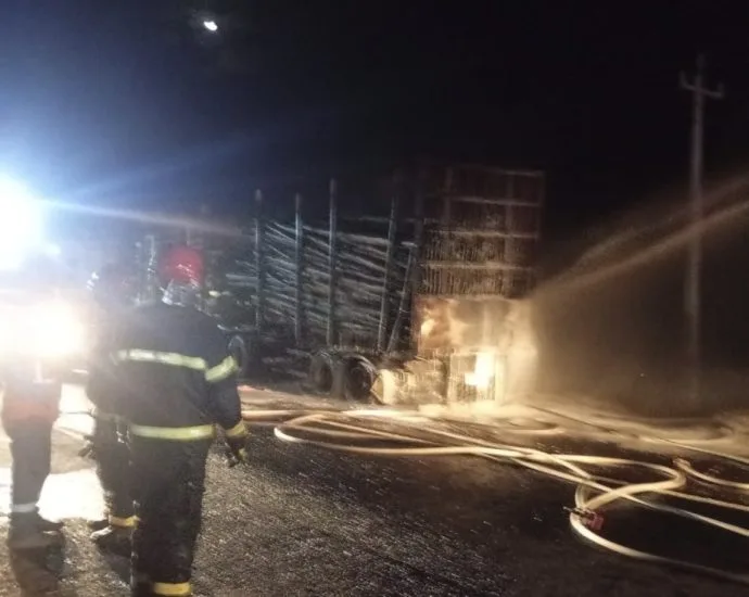 Incêndio em carreta com eucalipto bloqueia a MS-377 próximo a Inocência