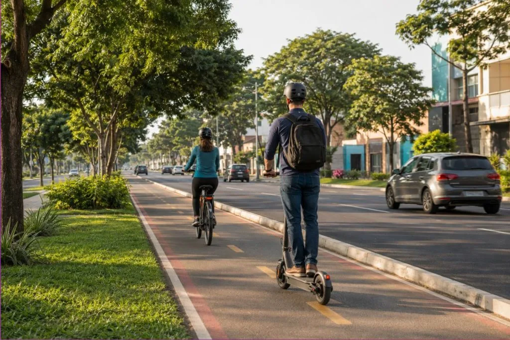 Imagem ilustrativa mostra condutores de bicicleta e patinetes elétricos circulando por uma ciclovia com capacete.