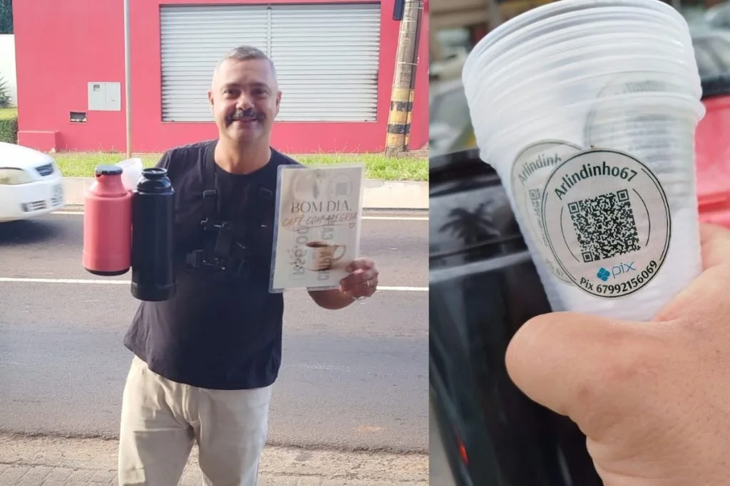 Arlindinho com garrafas de café de um lado e do outro copinhos com QR Code