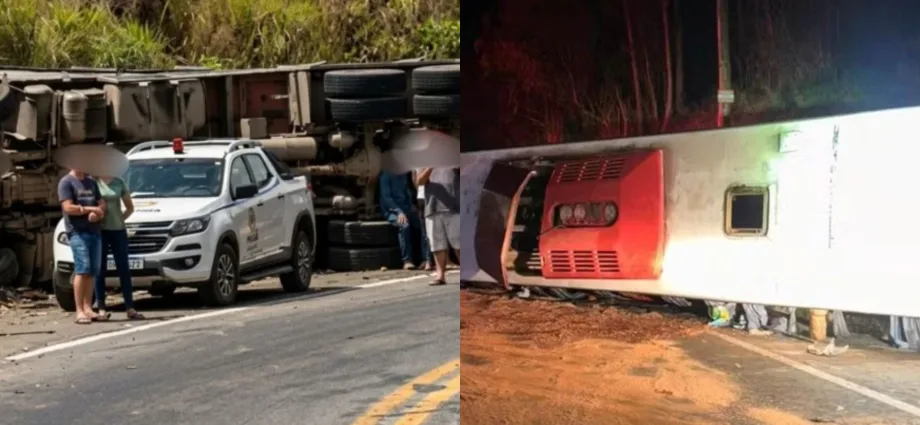 Carreta tomba na BR-262 após acidente com ônibus que deixou três mortos
