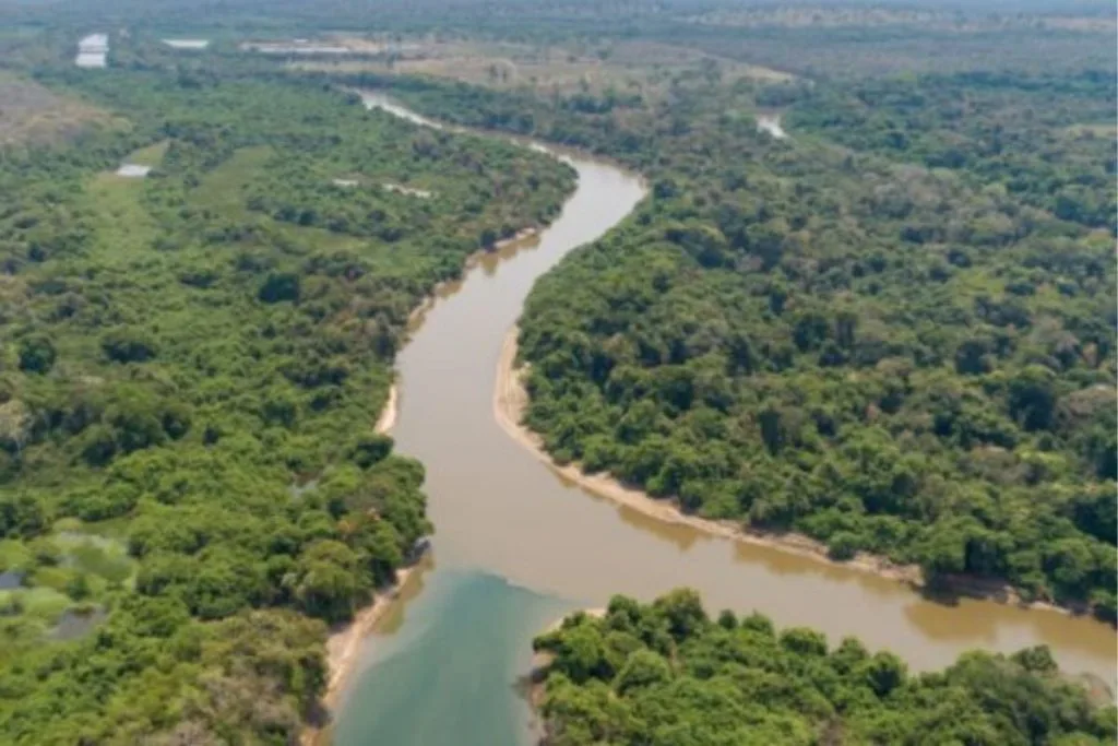Vista panorâmica do curso do Rio Miranda, cercado por densa mata ciliar e sob céu ensolarado.