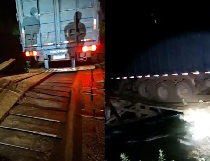 Ponte em Cassilândia cede e carreta com cana fica presa sobre o Rio Indaiazão