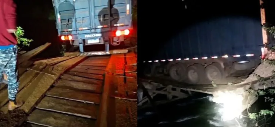 Ponte em Cassilândia cede e carreta com cana fica presa sobre o Rio Indaiazão