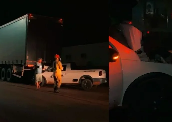 Colisão entre caminhão e Saveiro deixa motorista ferido em Sidrolândia