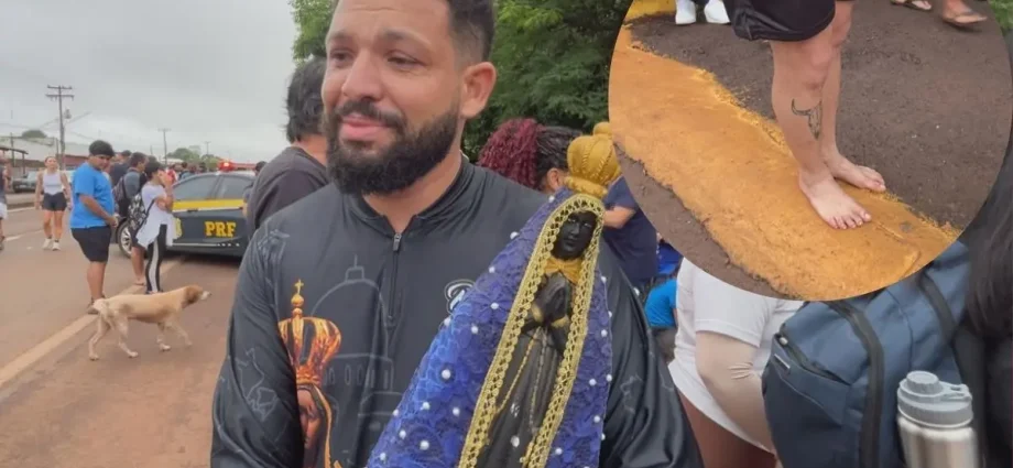 Devoto percorre 23 km a pé pela BR-163 em homenagem a Nossa Senhora Aparecida